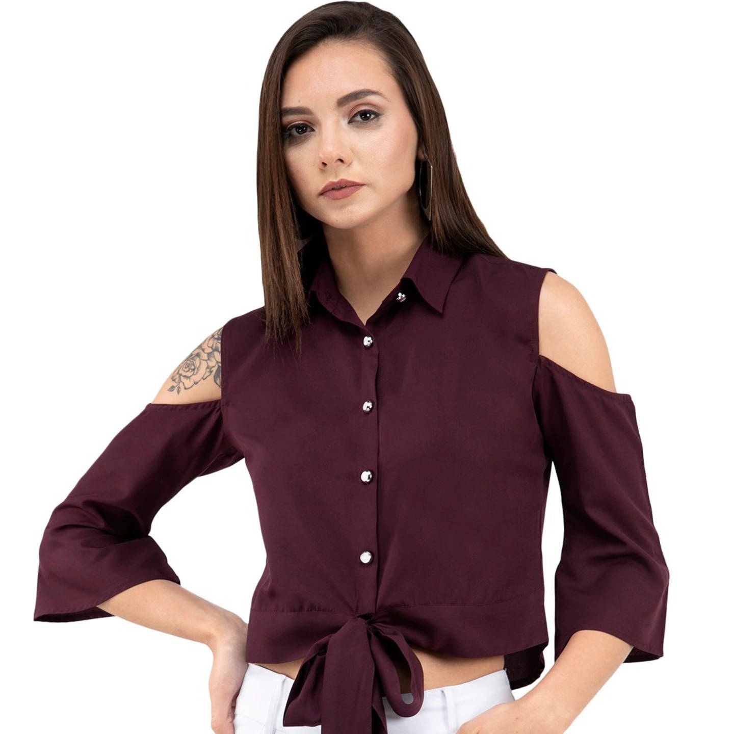 Fashionable Brown Crepe Solid Crop Length Shirt For Womens
