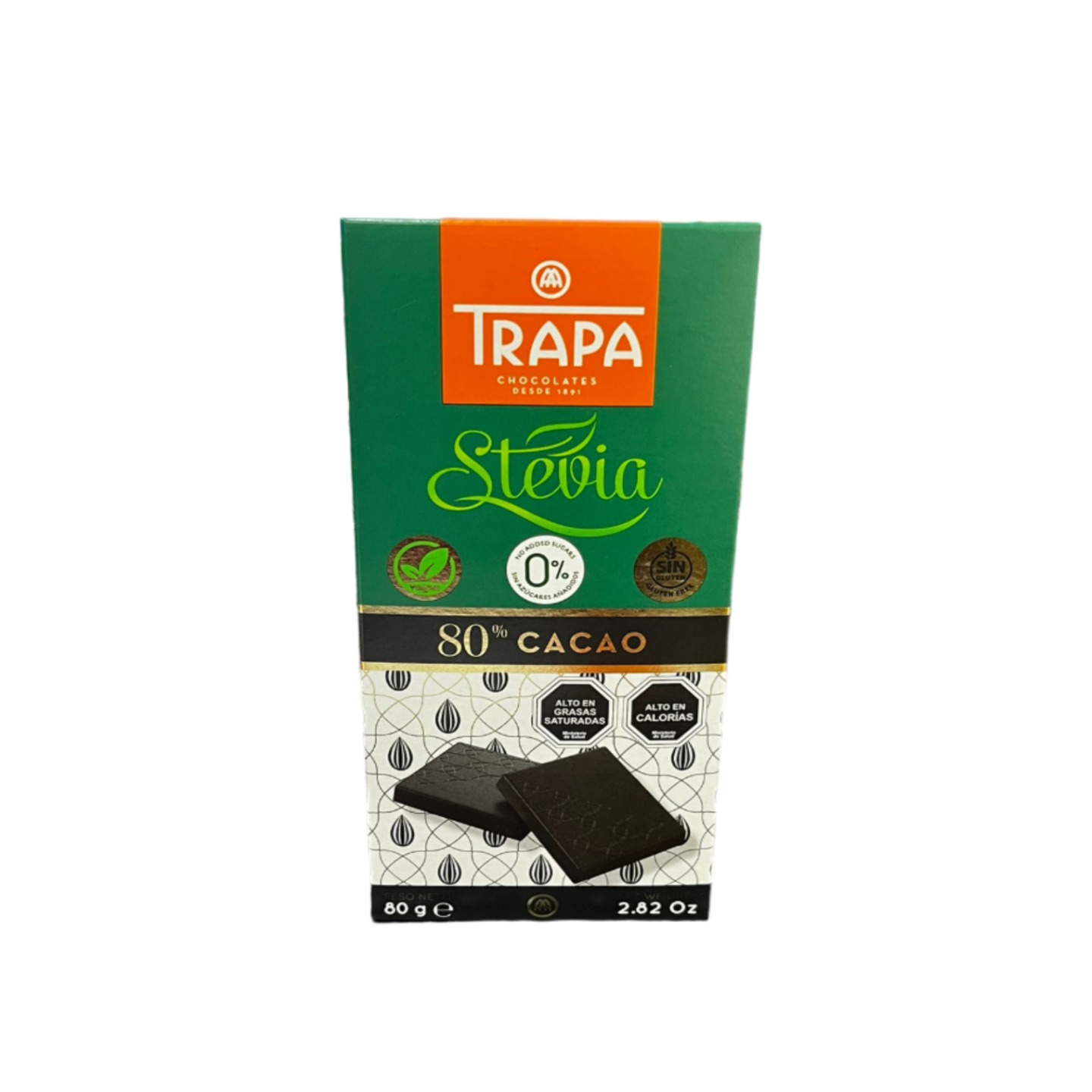 Trapa Stevia 80 Cocoa Chocolate Bar with No Sugar Added 80 Gms