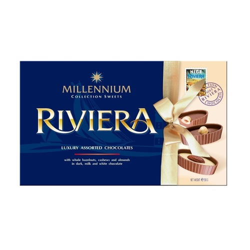 Riviera Premium Assorted Chocolate with Whole Hazelnuts, Cashews and Almonds in Milk, Dark and White Chocolate.