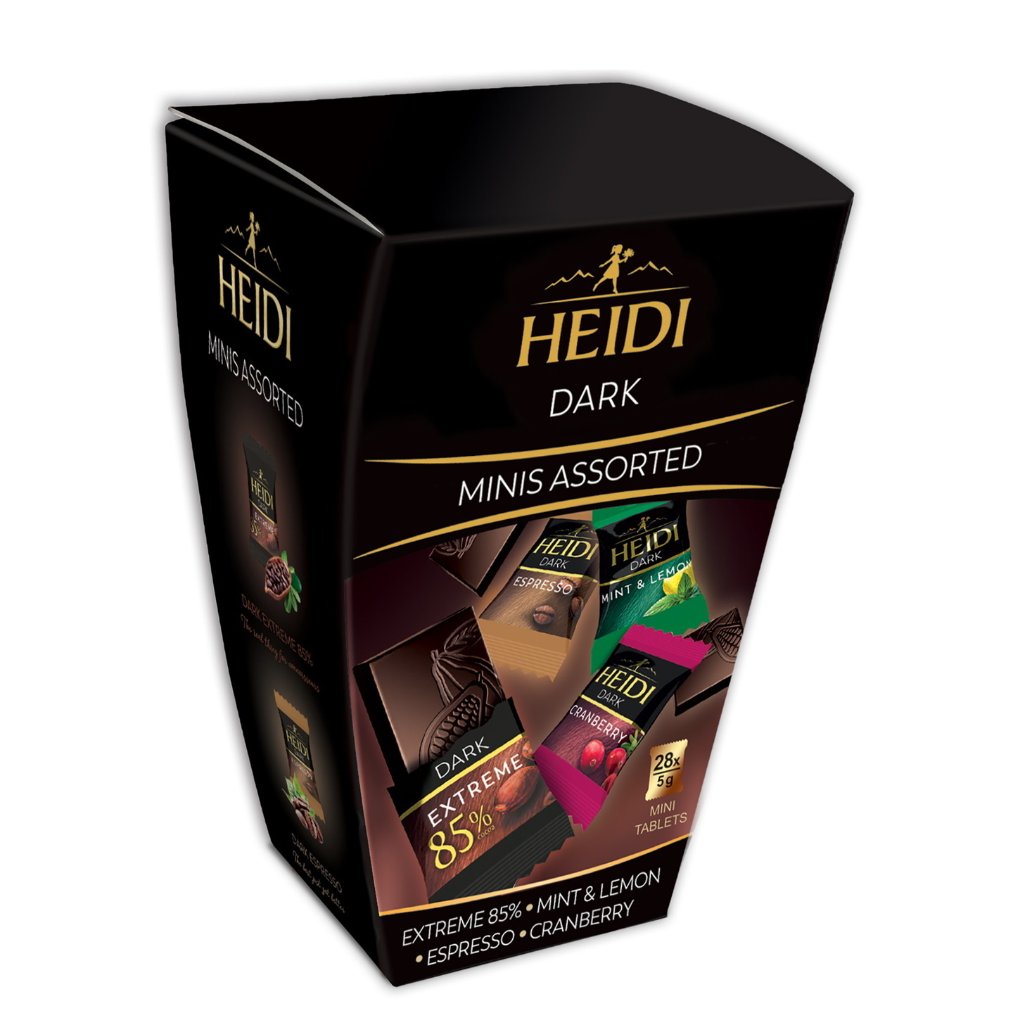 Heidi Dark Assorted Chocolate Mini Bites - Individually Wrapped 28 x 5gm Tablets (Dark 85% Mint and Lemon Espresso and Cranberry) in an attractive Gift Box 1 x 140gm