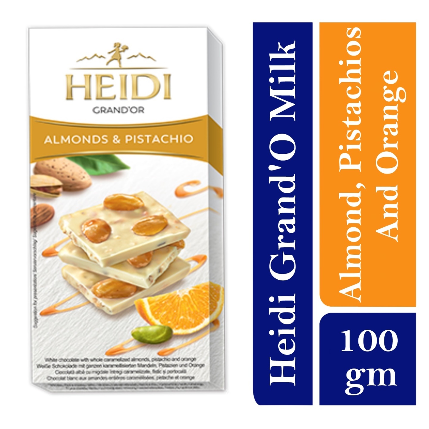 Heidi GrandOr white Chocolate with whole caramelized Almonds, Pistachios and Orange
