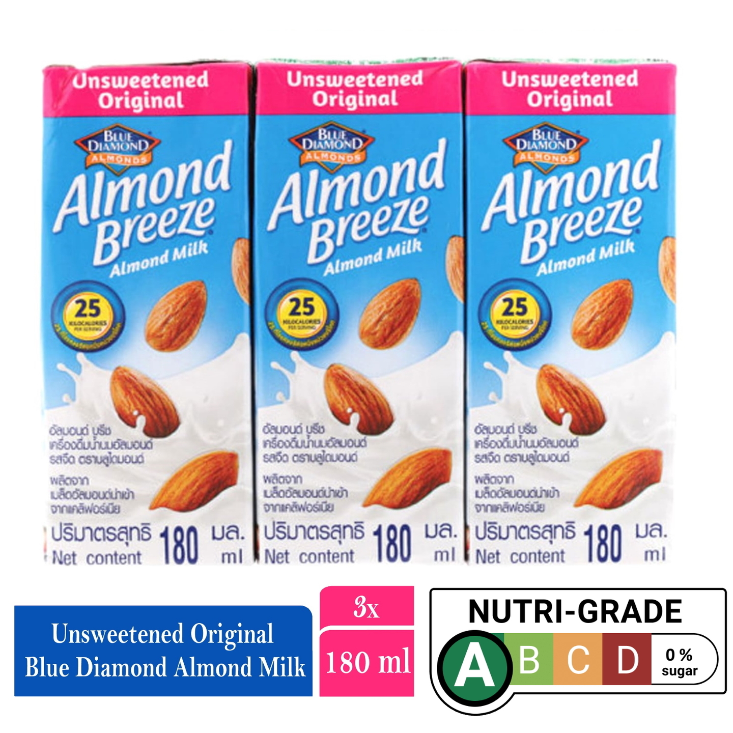 Blue Diamond Unsweetened Original Almond Breeze Almond Milk 3 X 180ml