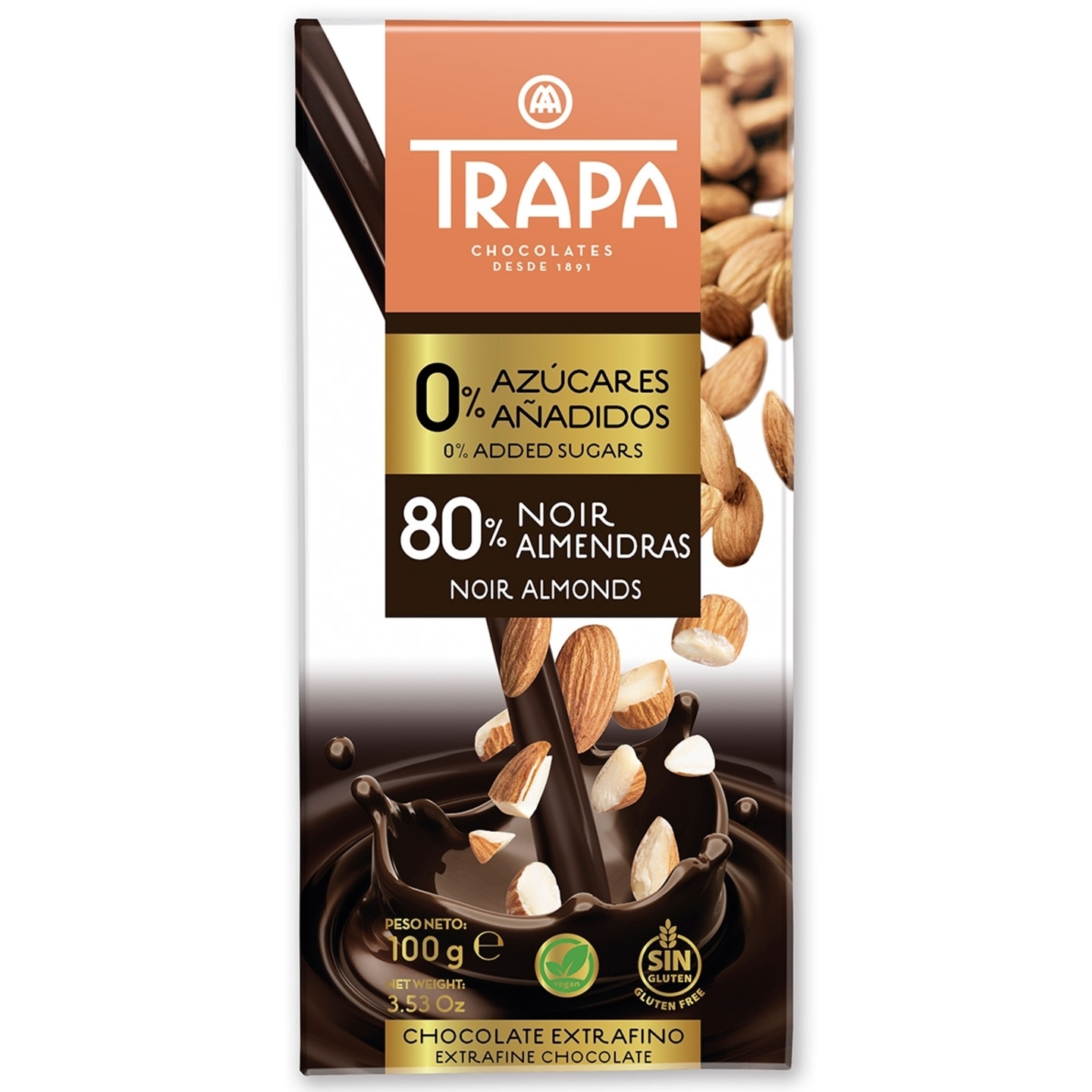 Trapa 80-Percent Dark Chocolate Bar With 0-Percent Added Sugar Almonds 100 gm