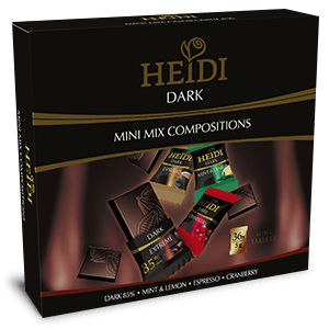 Heidi Dark Assorted Chocolate Mini Bites - Individually Wrapped 36 x 5gm Tablets Dark 85 Mint and Lemon Espresso and Cranberry in an attractive Gift Box