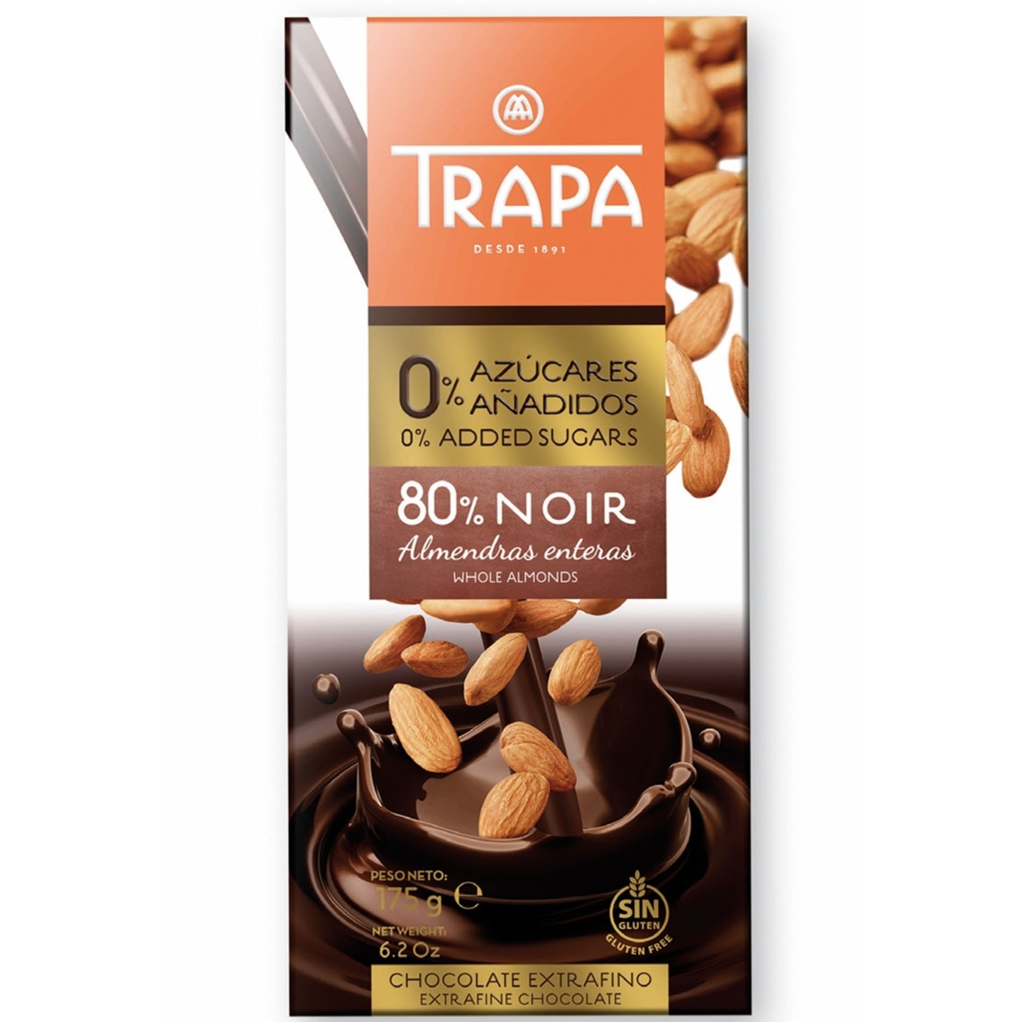 Trapa 80 Dark Chocolate With Whole Almonds With 0 Added Sugar 175g