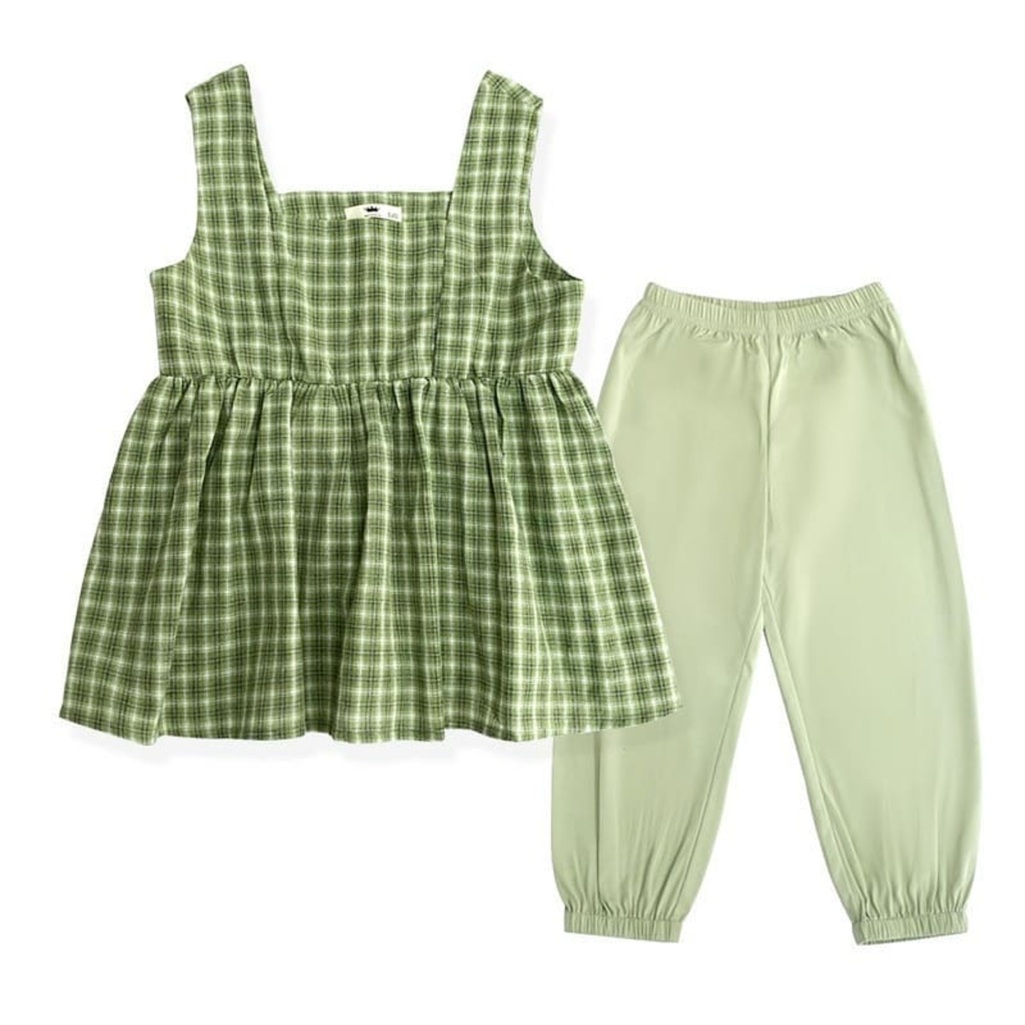 Twinning Checkered 2pcs Top&Pant One Pcs Long Sleeve V-Neck Ruffle Dress