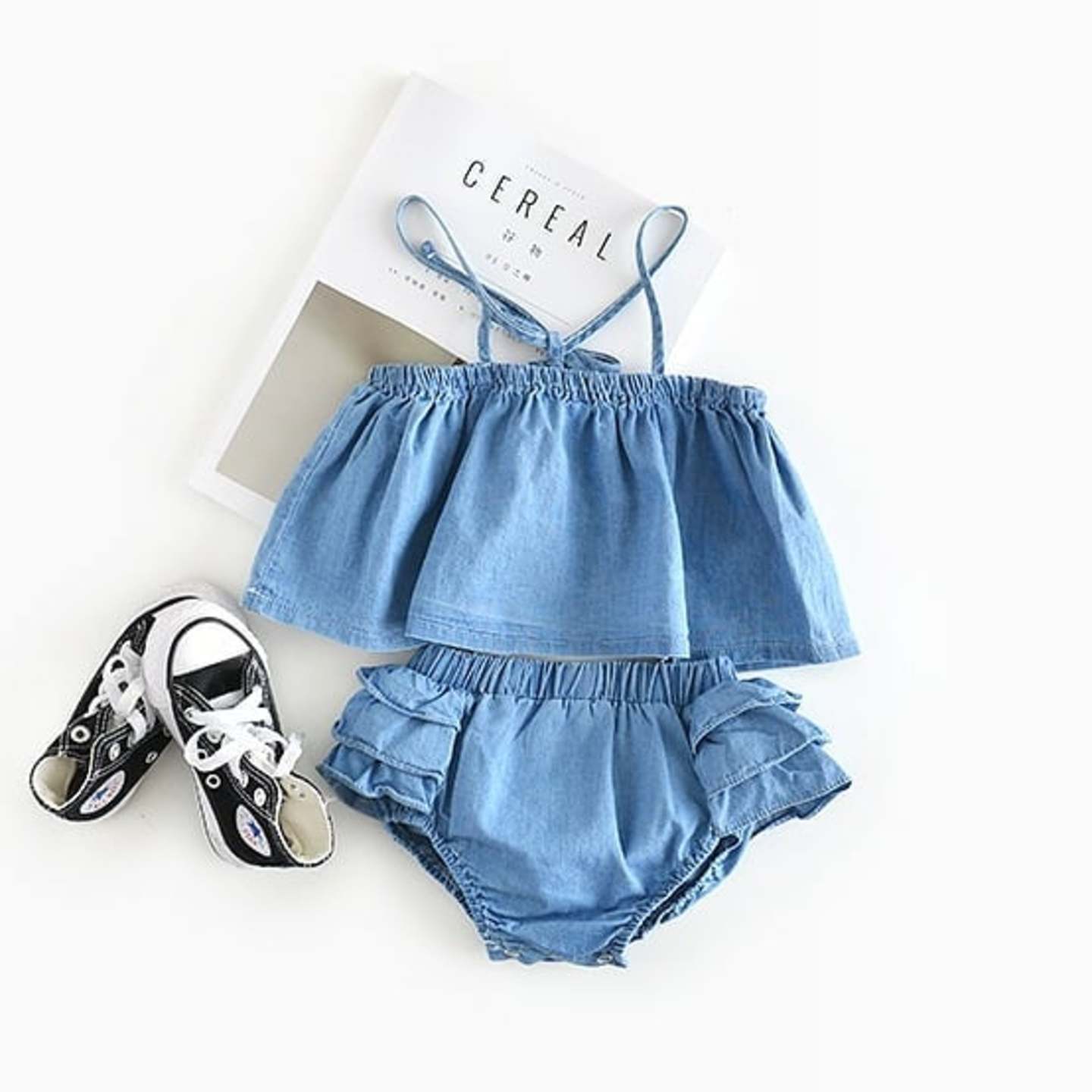 2pcs Striped Adjustable Jean Short Set