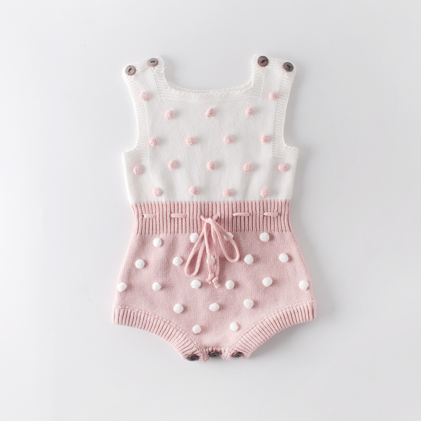 Sleeveless Pom Pom 2Tone Knitted Romper