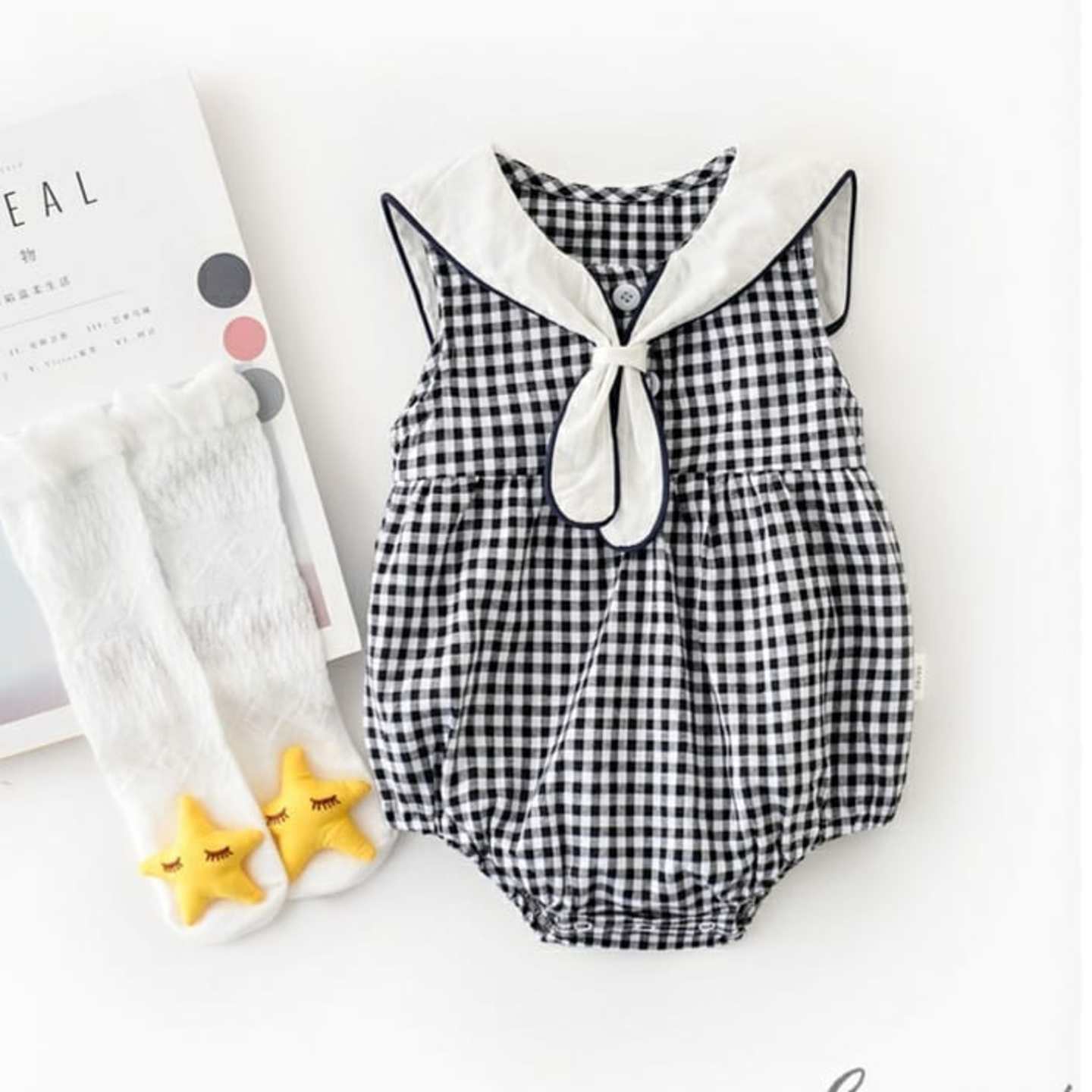  Checked Sailor Collar Romper