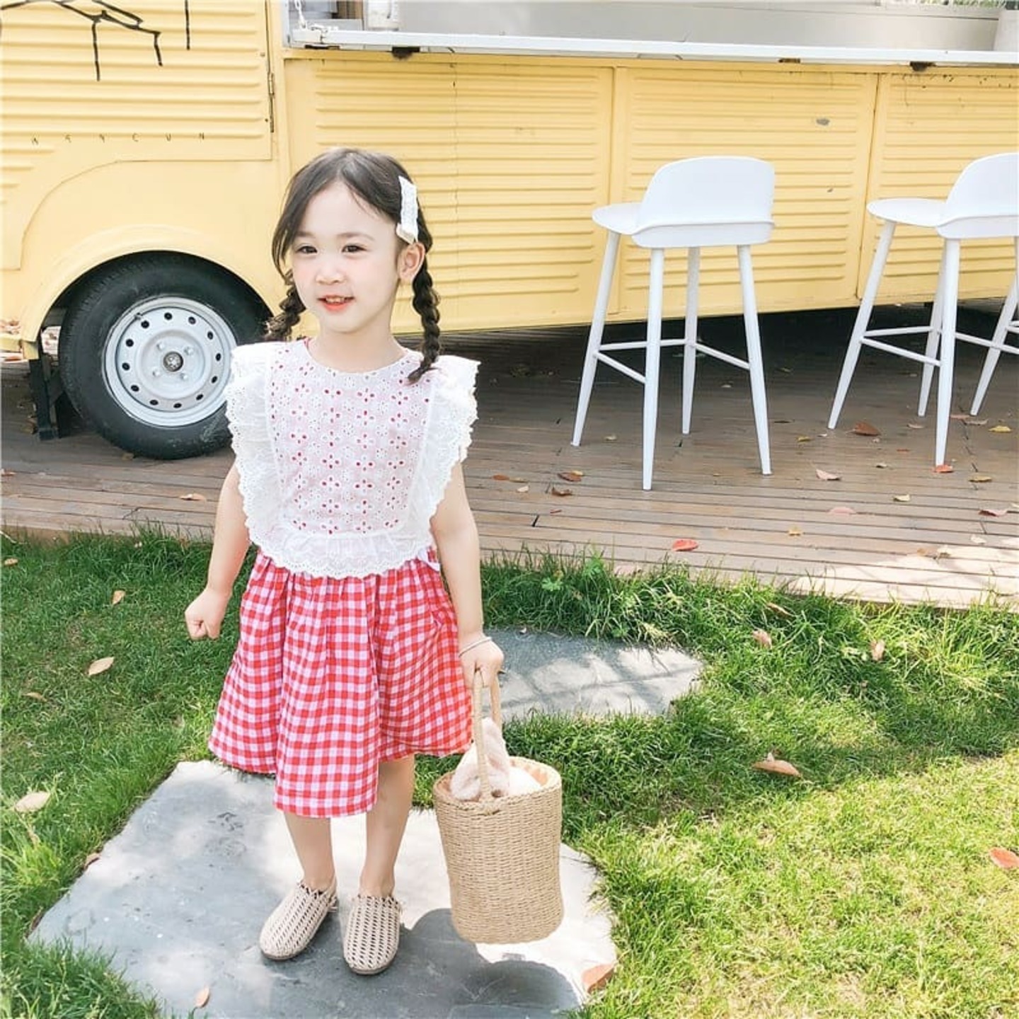 Plaid Dress With Lace Smock Vest
