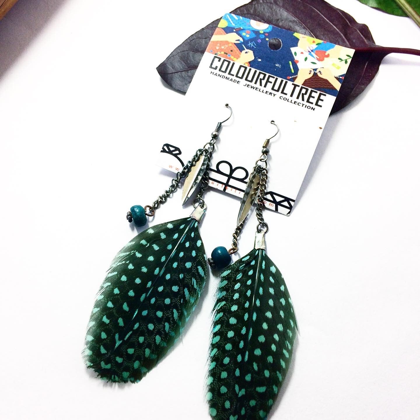 Handmade Green Dotted Feather Earrings 95251