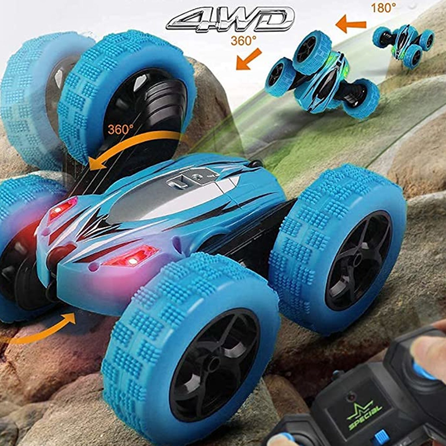 RC Stunt Car, 4WD 2.4GHz Remote Control Gesture Sensor Toy, Double Sided Rotation, Off Road Vehicle with Lights Multicolour