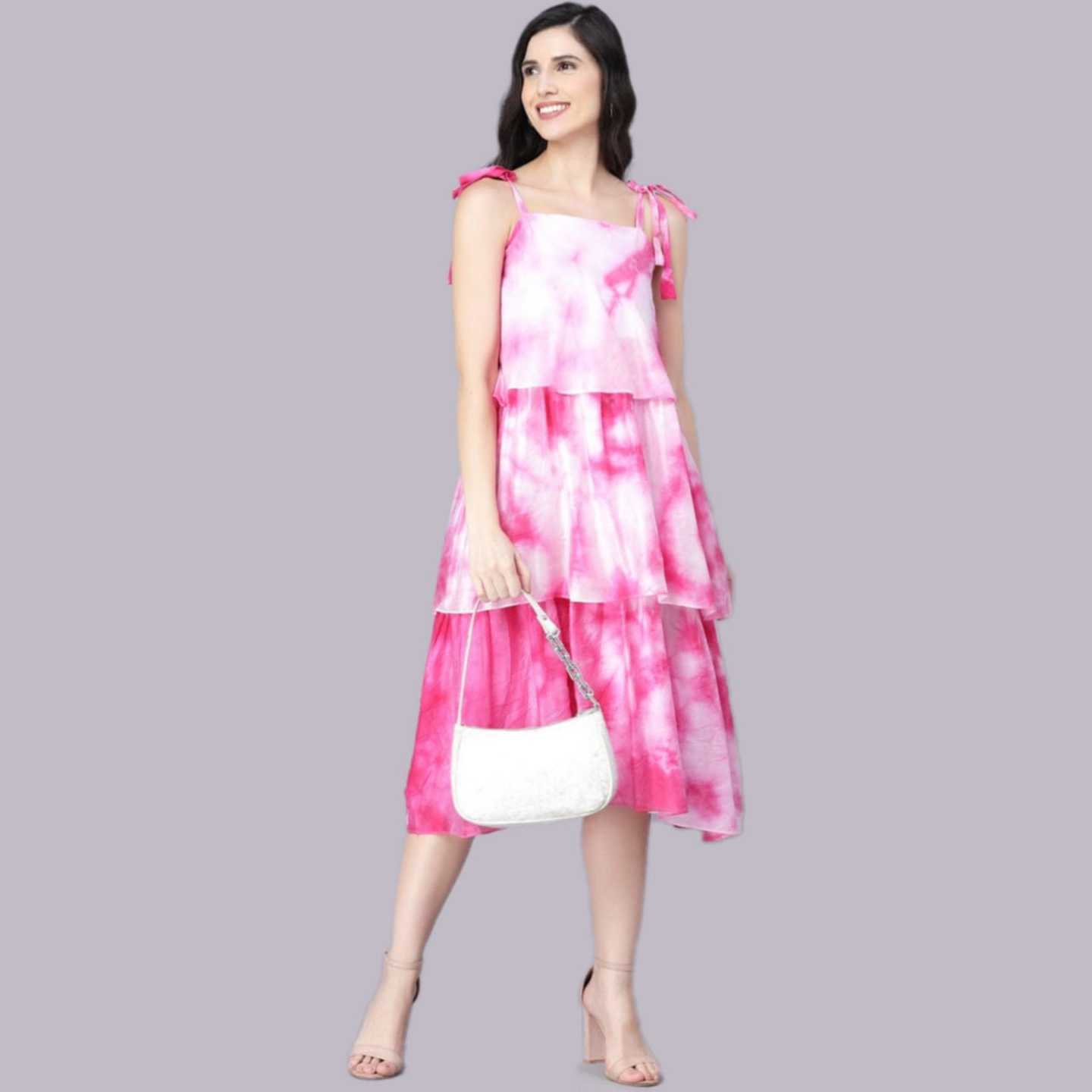 Myshka Women White Tie And Dye Dyed Layered A-Line Midi Dress