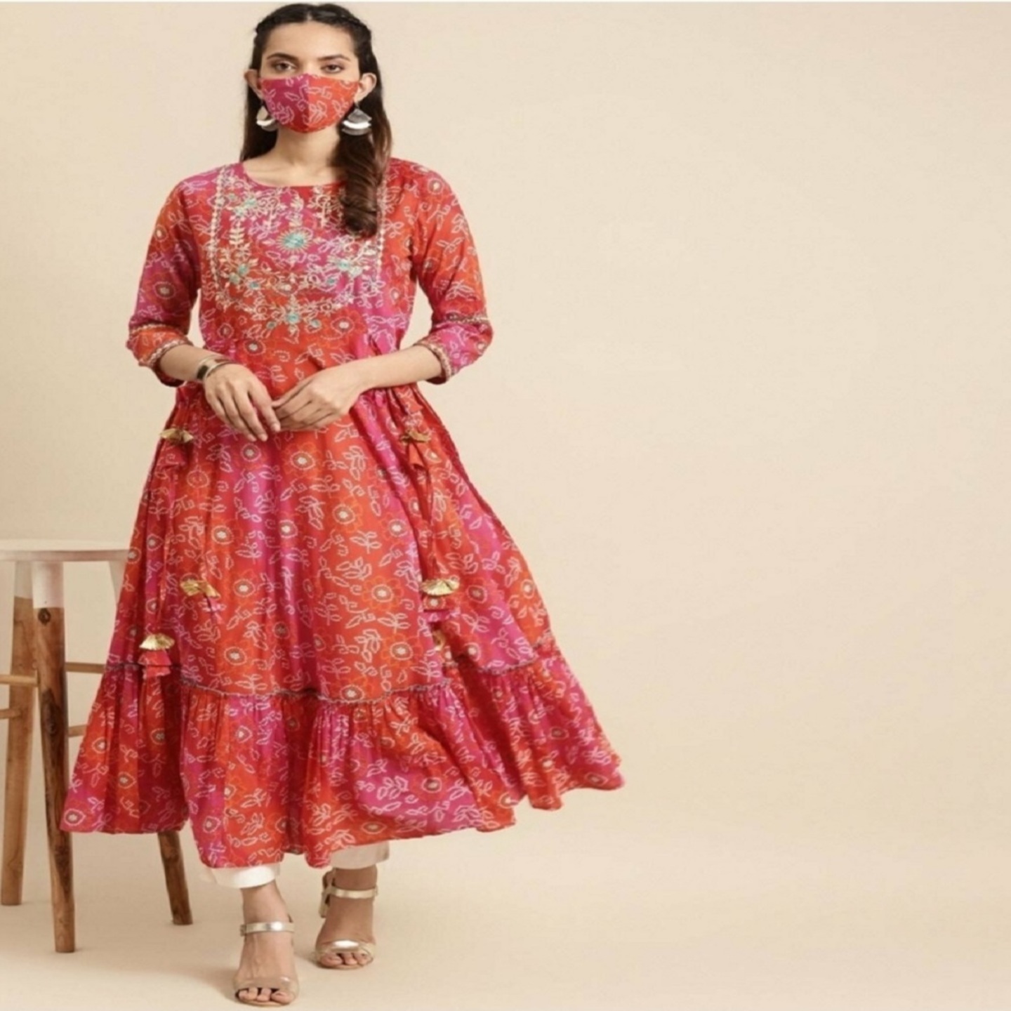 Gulmohar Jaipur Printed Round Neck Flared Kurta