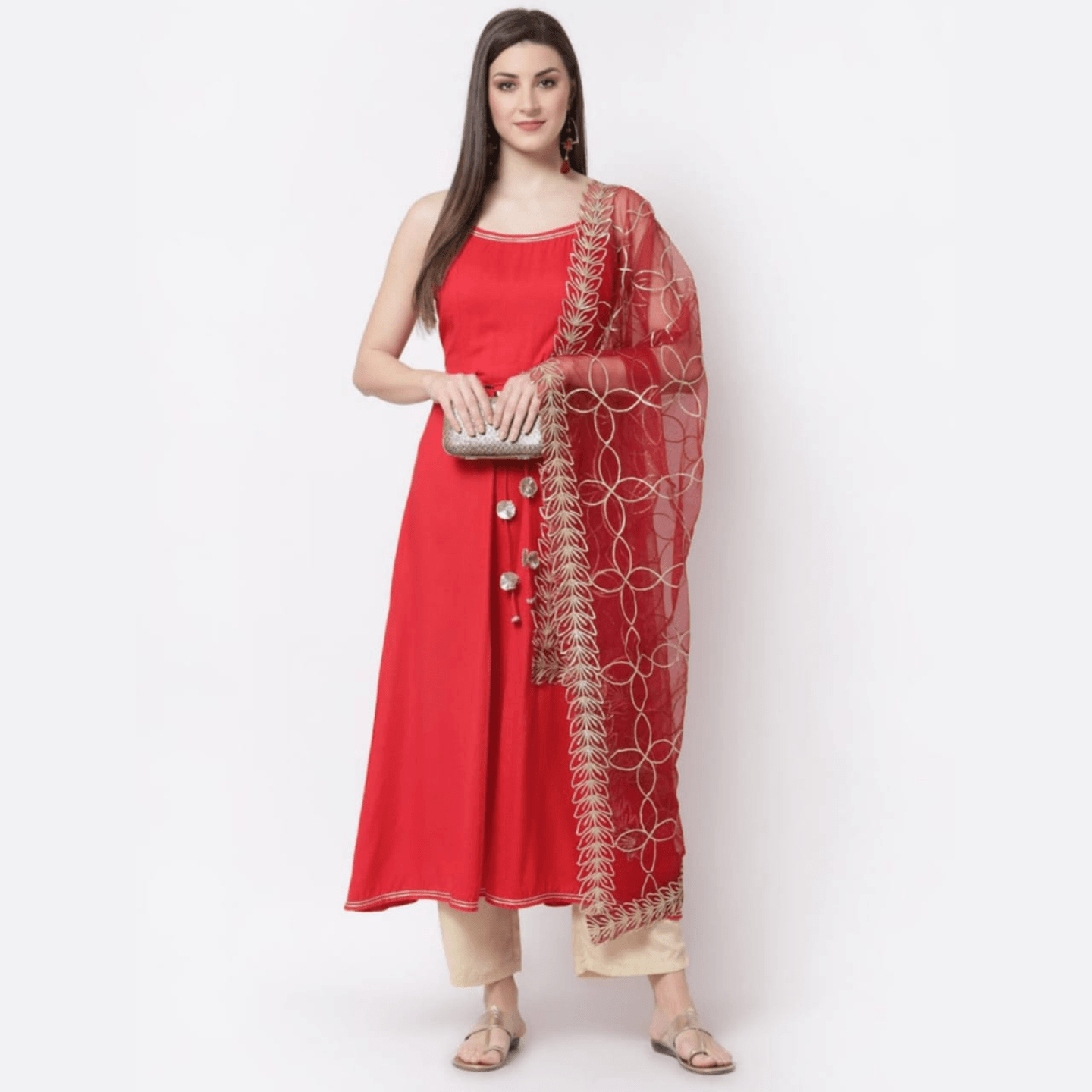 Myshka Women Red Dyed Kurta With Dupatta