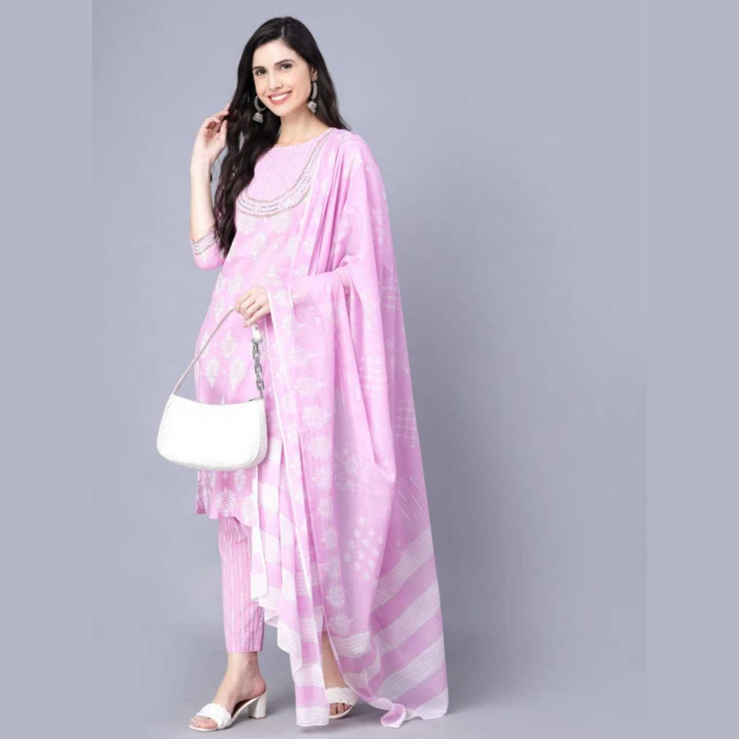 Myshka Cotton Printed 3/4 Sleeve Round Pink Women Kurta Set