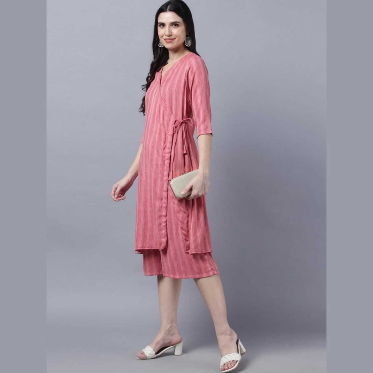 Myshka Stylish Pink Cotton 3/4 Sleeve Women's Kurta Palazzo Set