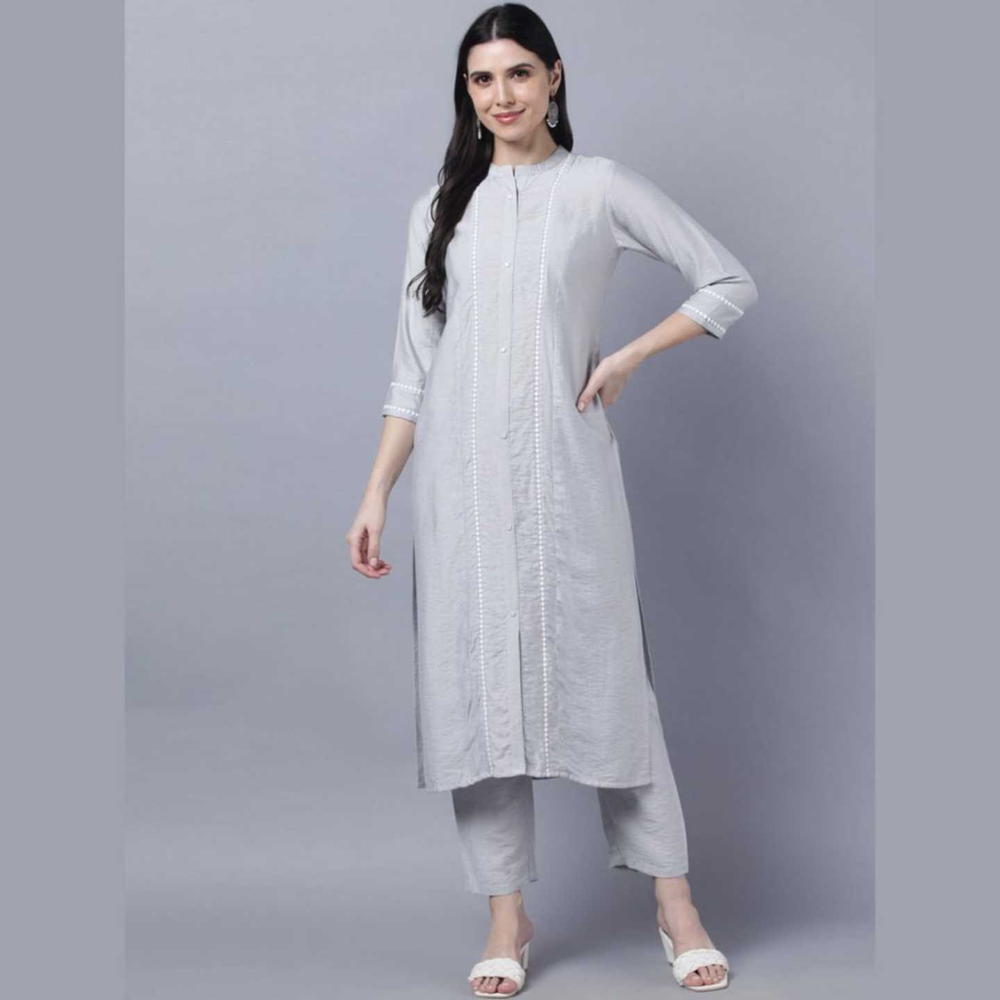 Myshka Stylish Grey Viscose 3/4 Sleeve Women's Kurta Pant Set