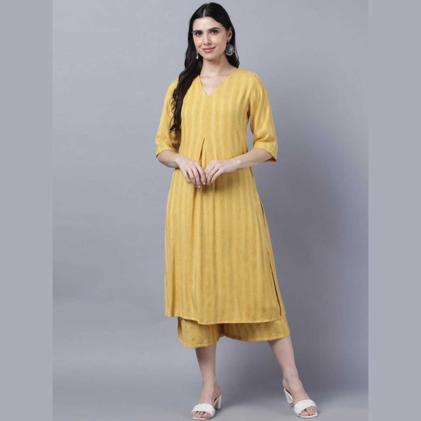 Myshka Stylish Yellow Cotton 3/4 Sleeve Women's Kurta Palazzo Set