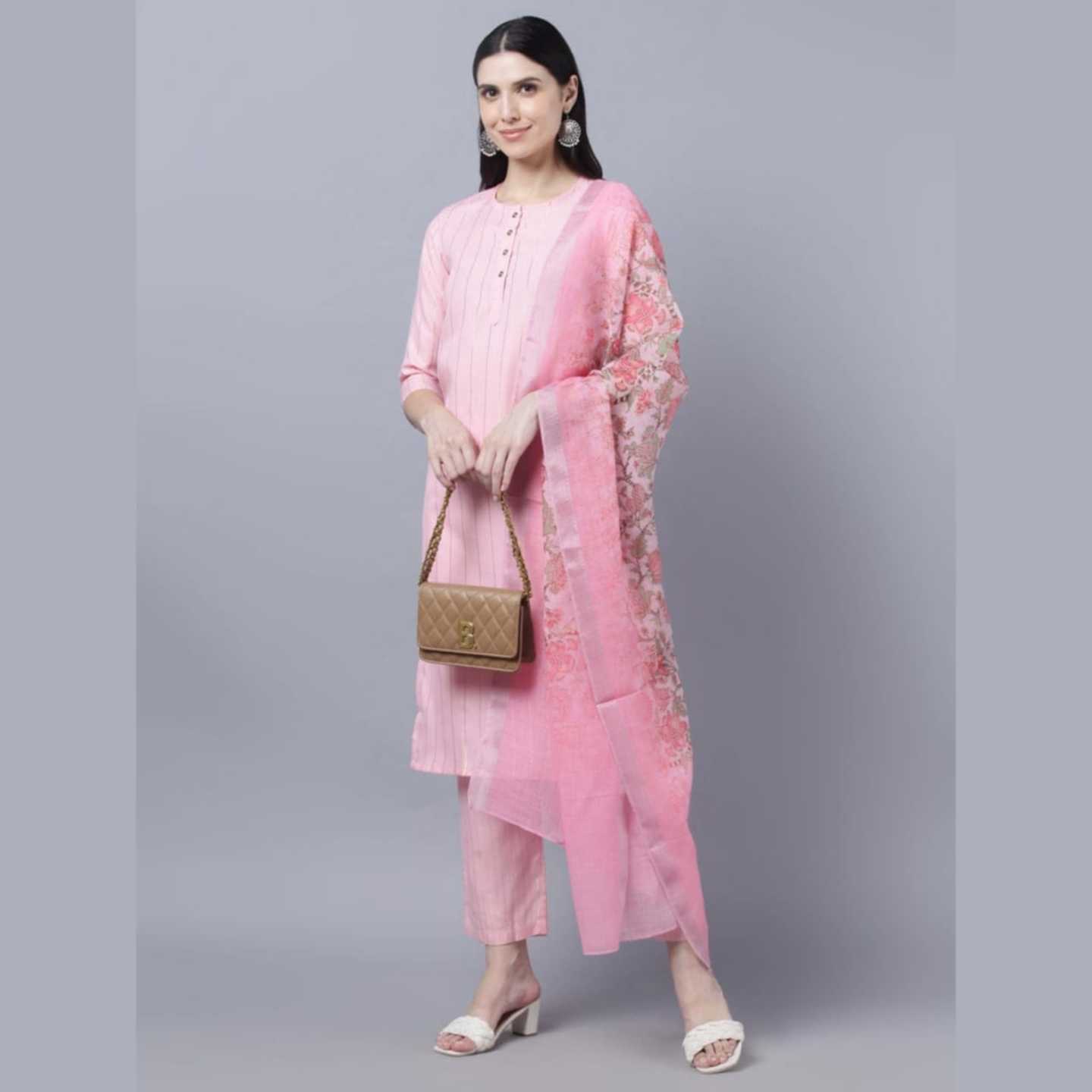 Pink Cotton Solid Round Neck Casual Kurta Pant Dupatta Set