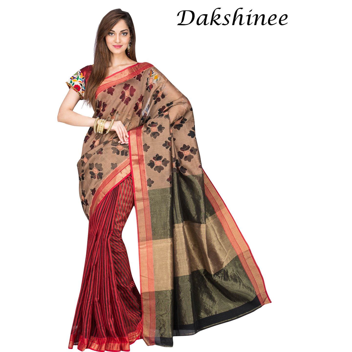 DKC1SCA15-RSR001 - Jamdaani woven half and half raw silkcotton saree with blouse