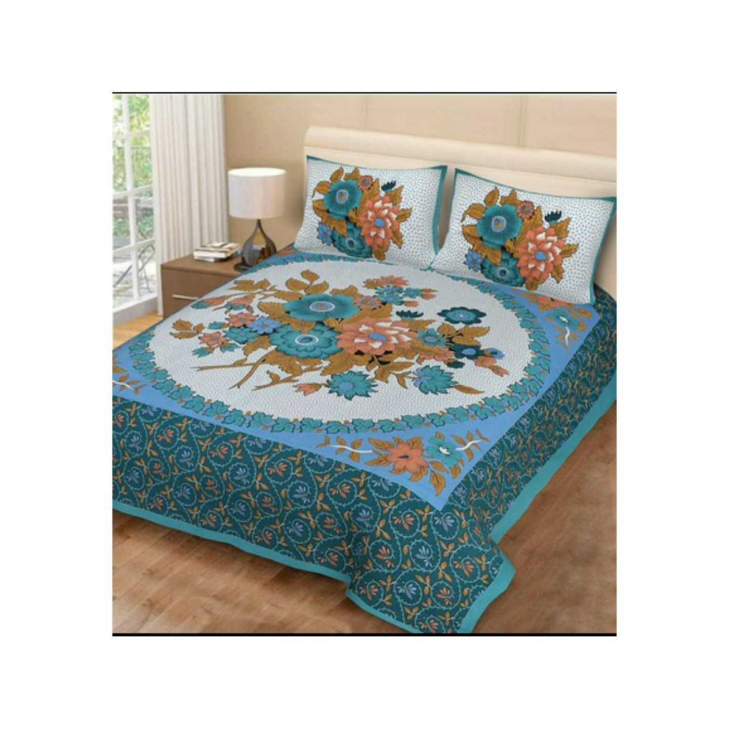 Soha's Cotton Printed Double Bedsheet With Pillow Cover (Jaipuri Print)