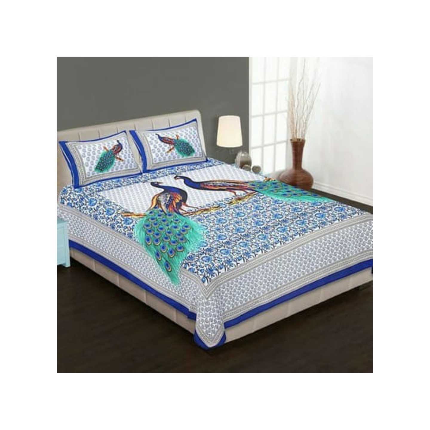 Soha's Cotton Printed Double Bed-sheet With Pillow Cover (Jaipuri Print)