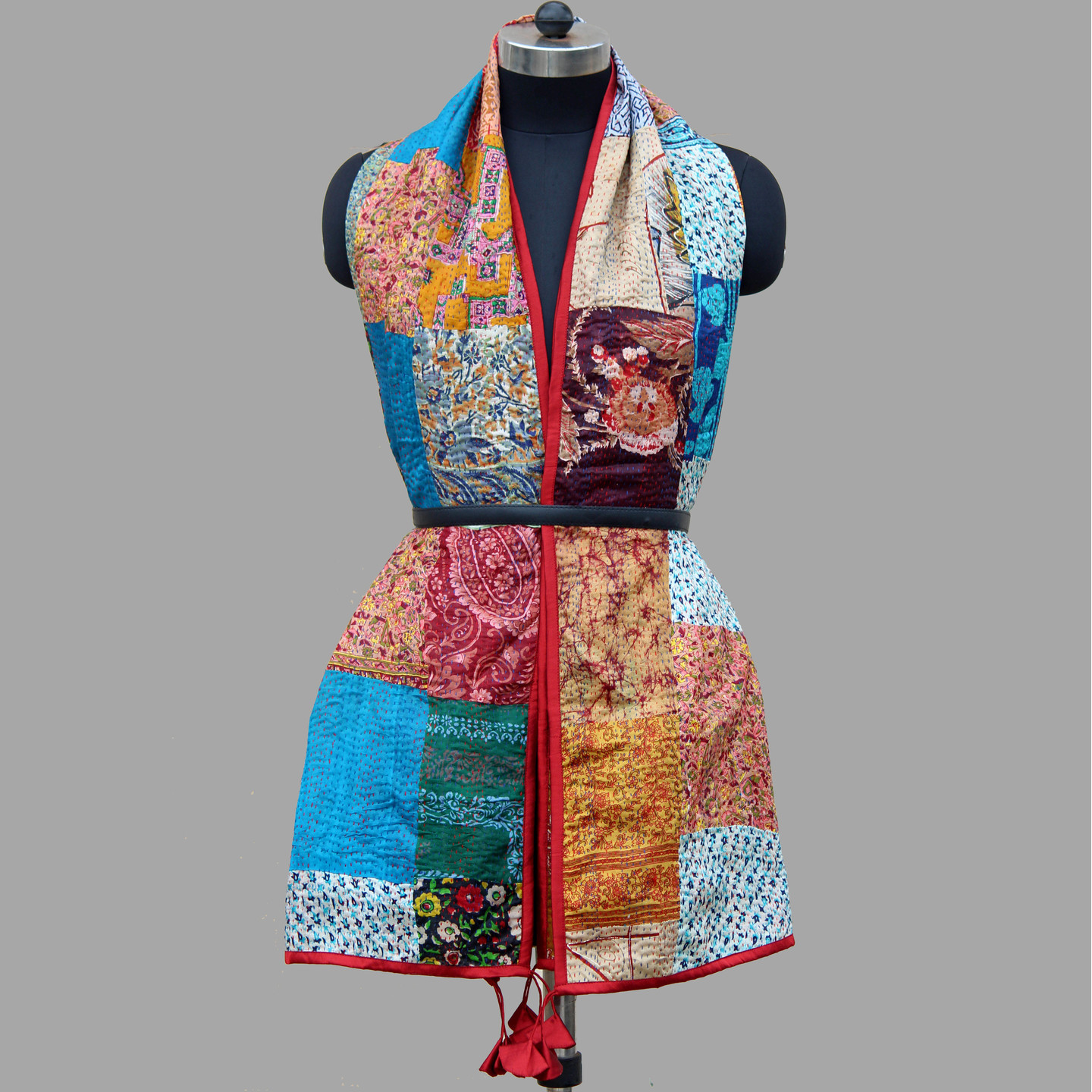 Reversible Kantha Silk Patchwork Stole with decorative trim