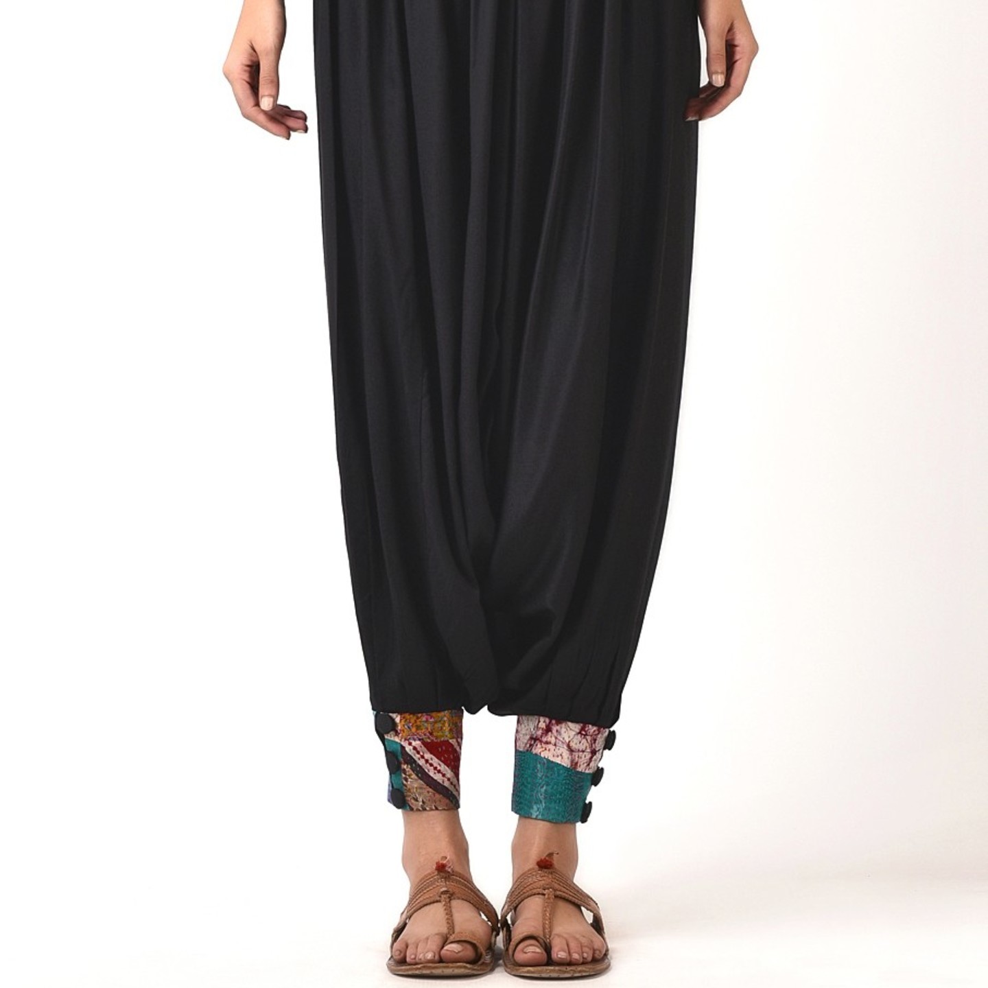 Black cotton silk Harem Pant with Silk Kantha Cuff