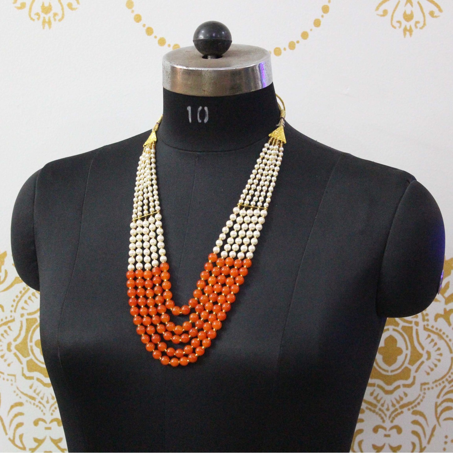 Orange White Pearl & Beads String Necklace