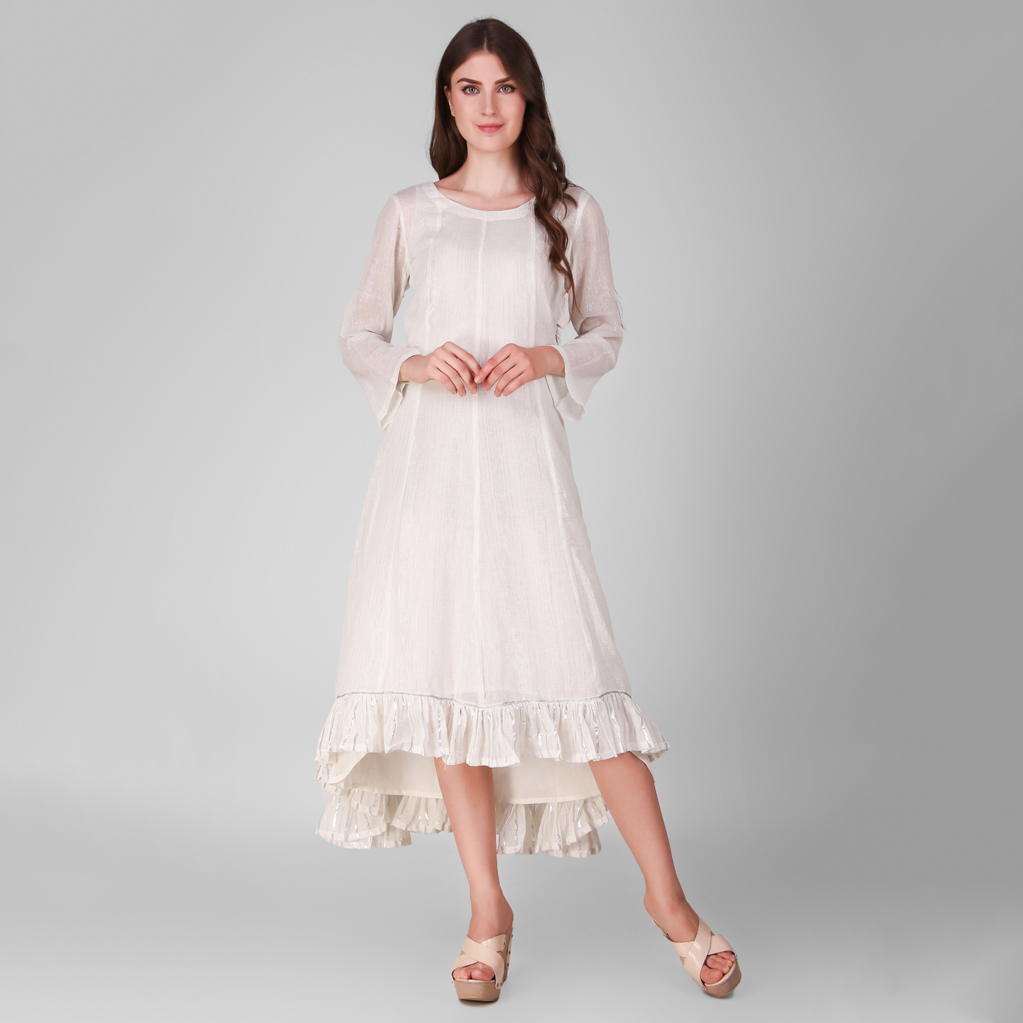 Ivory Cotton lurex gathered frill dress with cotton slip Set of 2