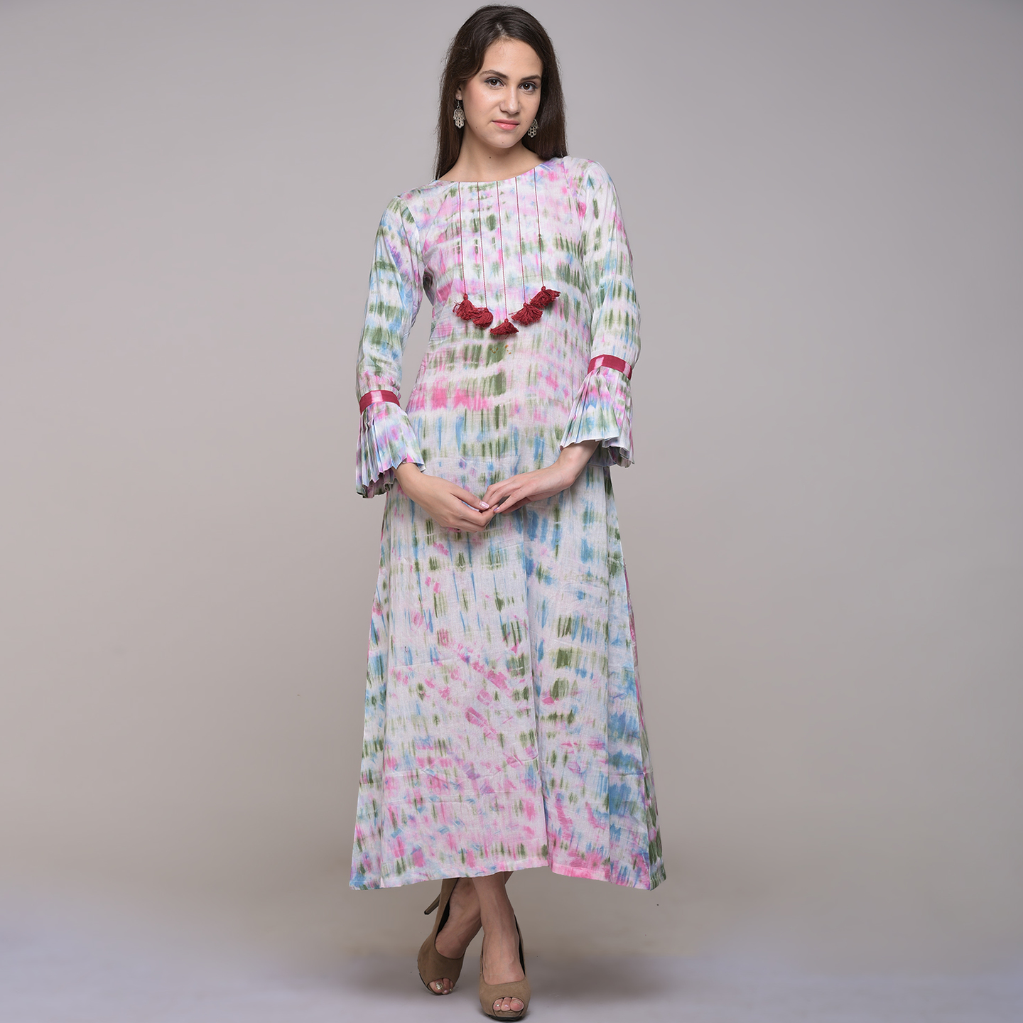 Clamp Dyed Dress With Tassels