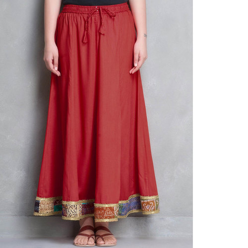 Red Cotton Silk Kantha Border Skirt