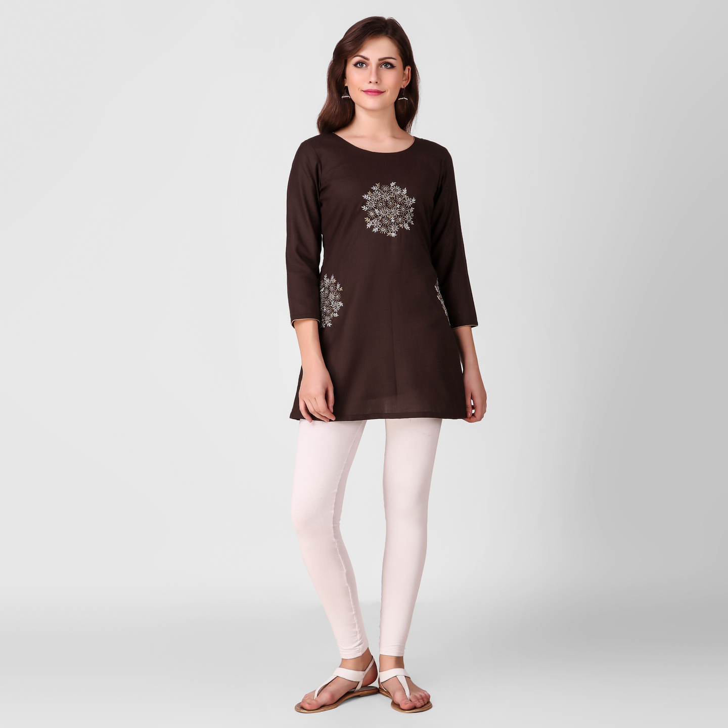 Brown Floral Embroidered Cotton Tunic