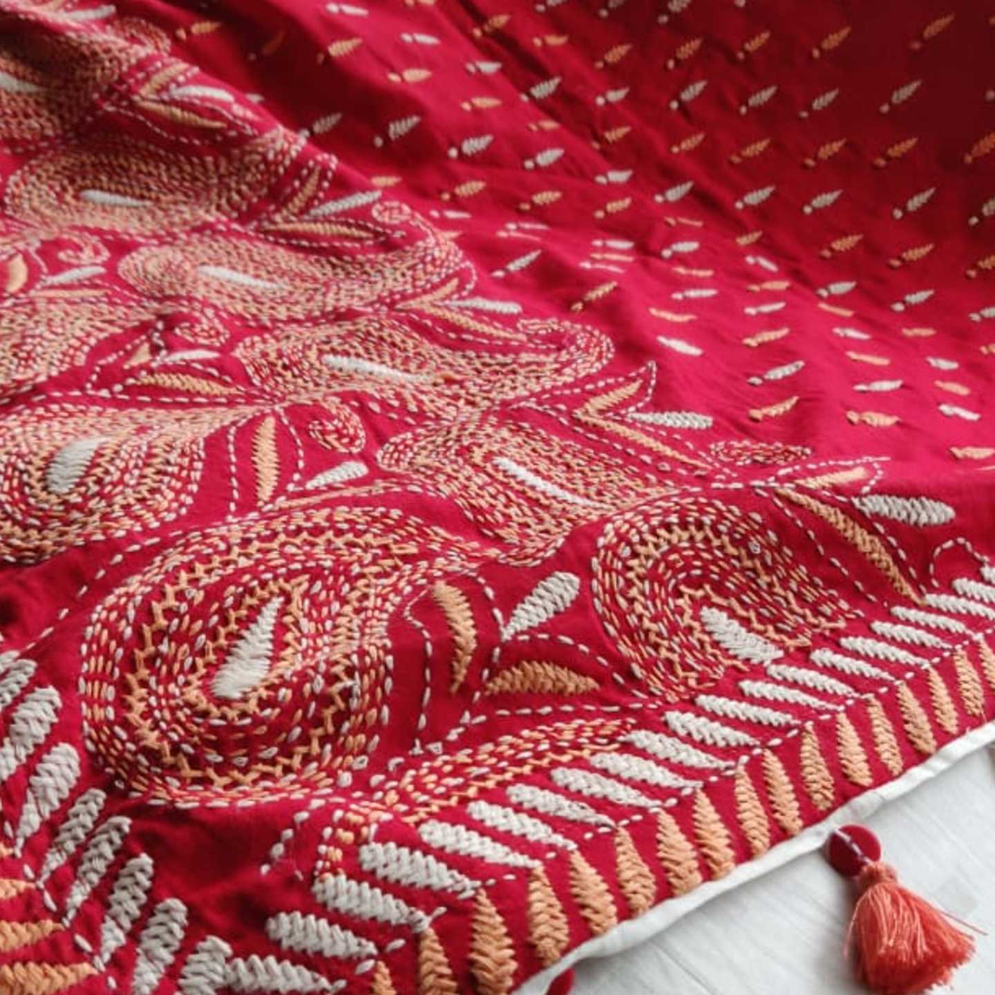 Red Cotton Hand Kantha Embroidered Dupatta