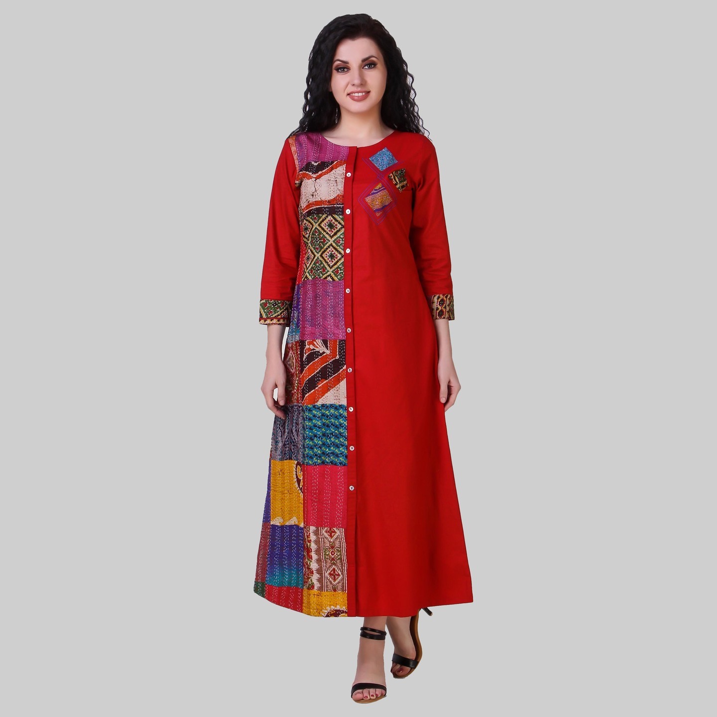 Red Cotton Silk Kantha Patchwork Dress
