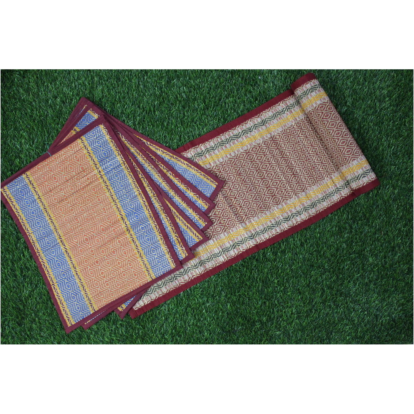 Red Handwoven Grass Table runner & mats (Set of 6)