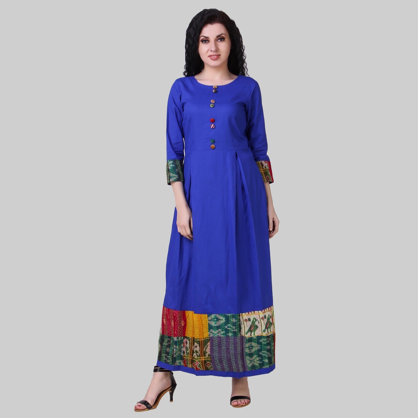 Electric Blue Pleated Cotton-silk Dress with Kantha Embroidery