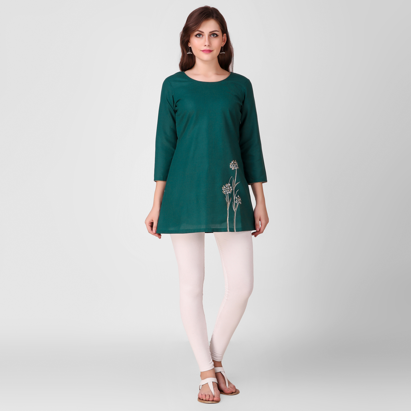 Green Floral Embroidered Cotton Tunic