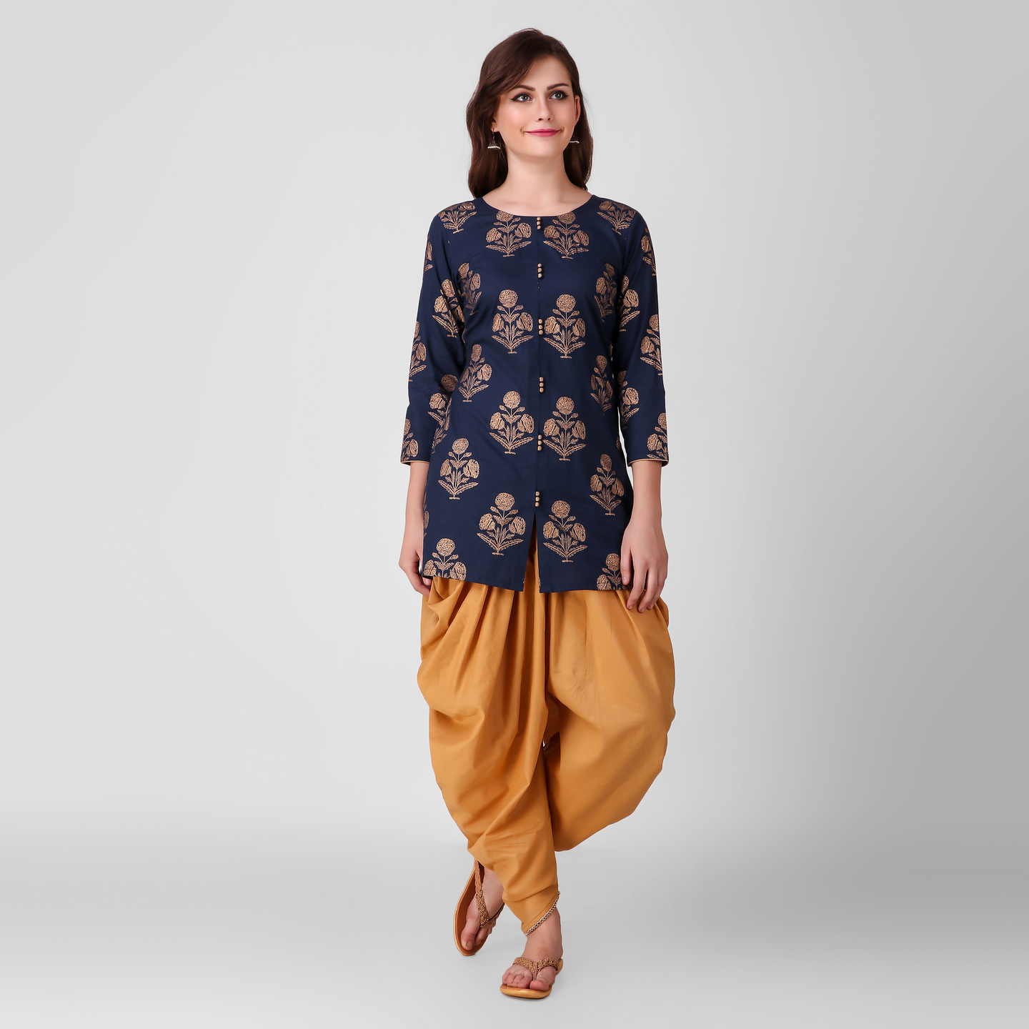 Blue Gold Print Tunic with Dhoti Pant Set of 2