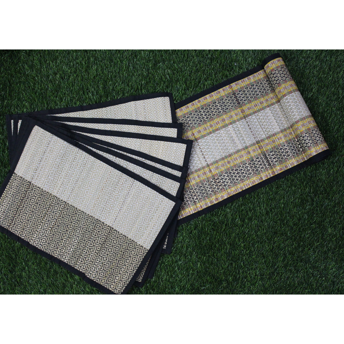Black Handwoven Grass Table runner & mats (Set of 6)