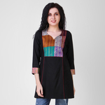 Black Cotton-silk Top with Kantha Embroidery
