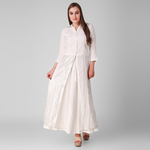 Ivory Cotton Crepe & woven metallic stripe button down Overlay with skirt Set of 2