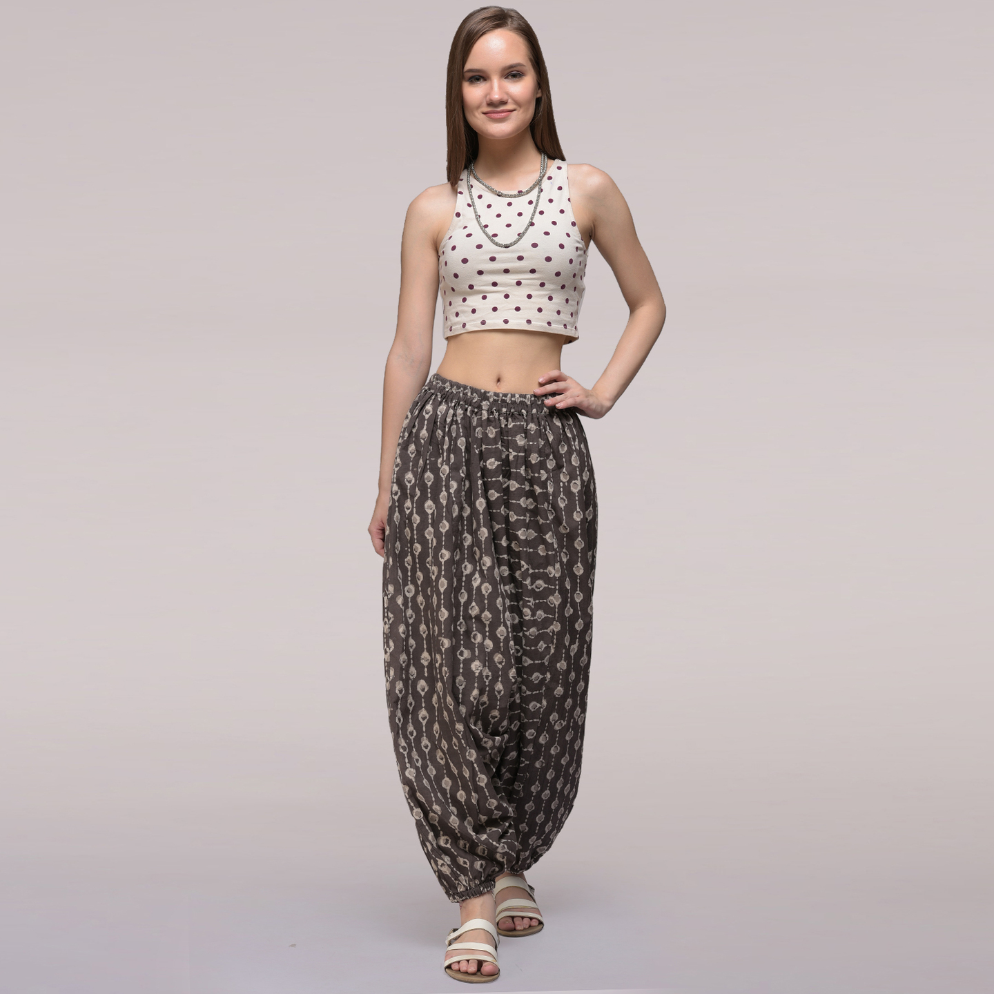 Grey Elasticated Waist Dabu-printed Harem Cotton Pants