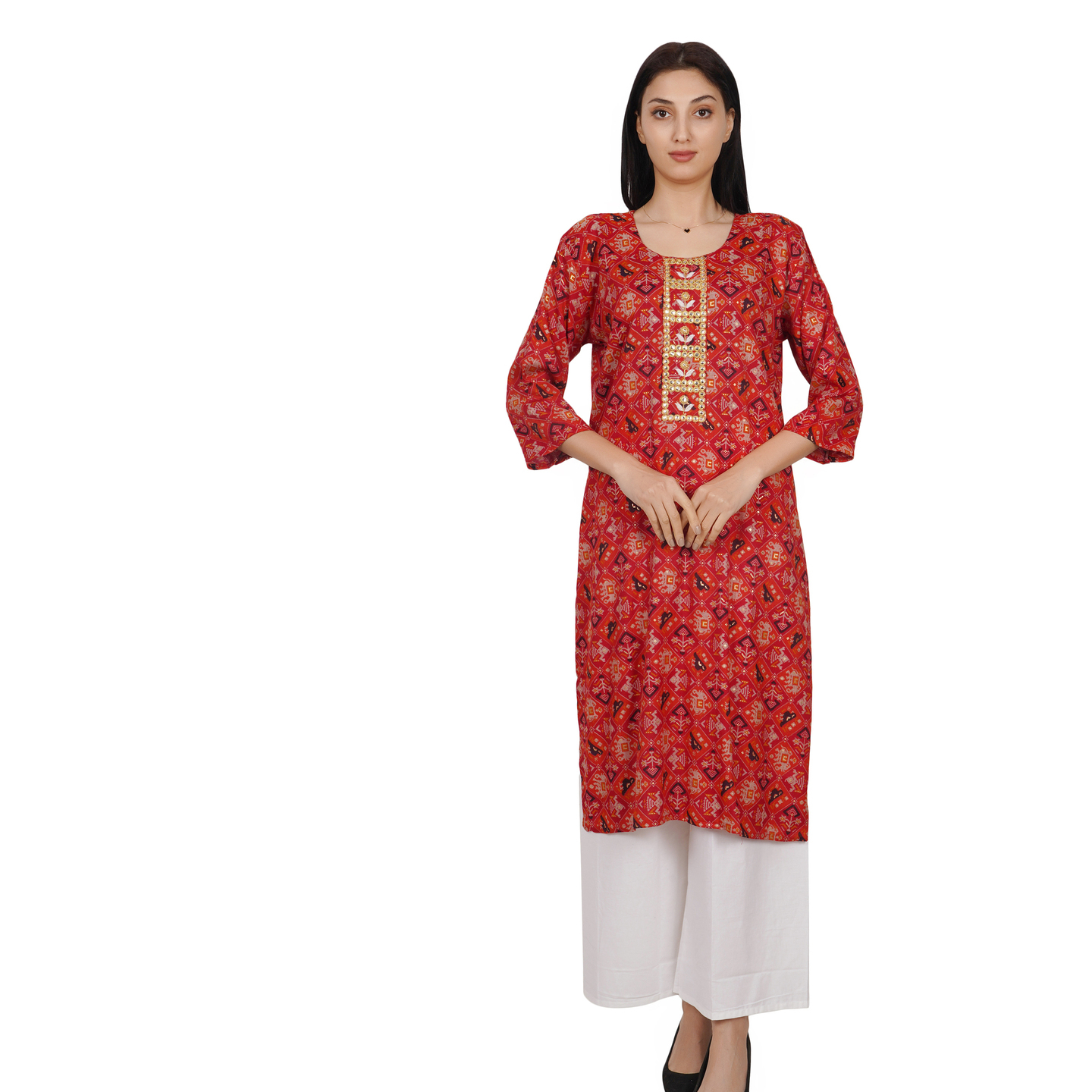 Red Gold Patola Printed Kurta with Embroidery