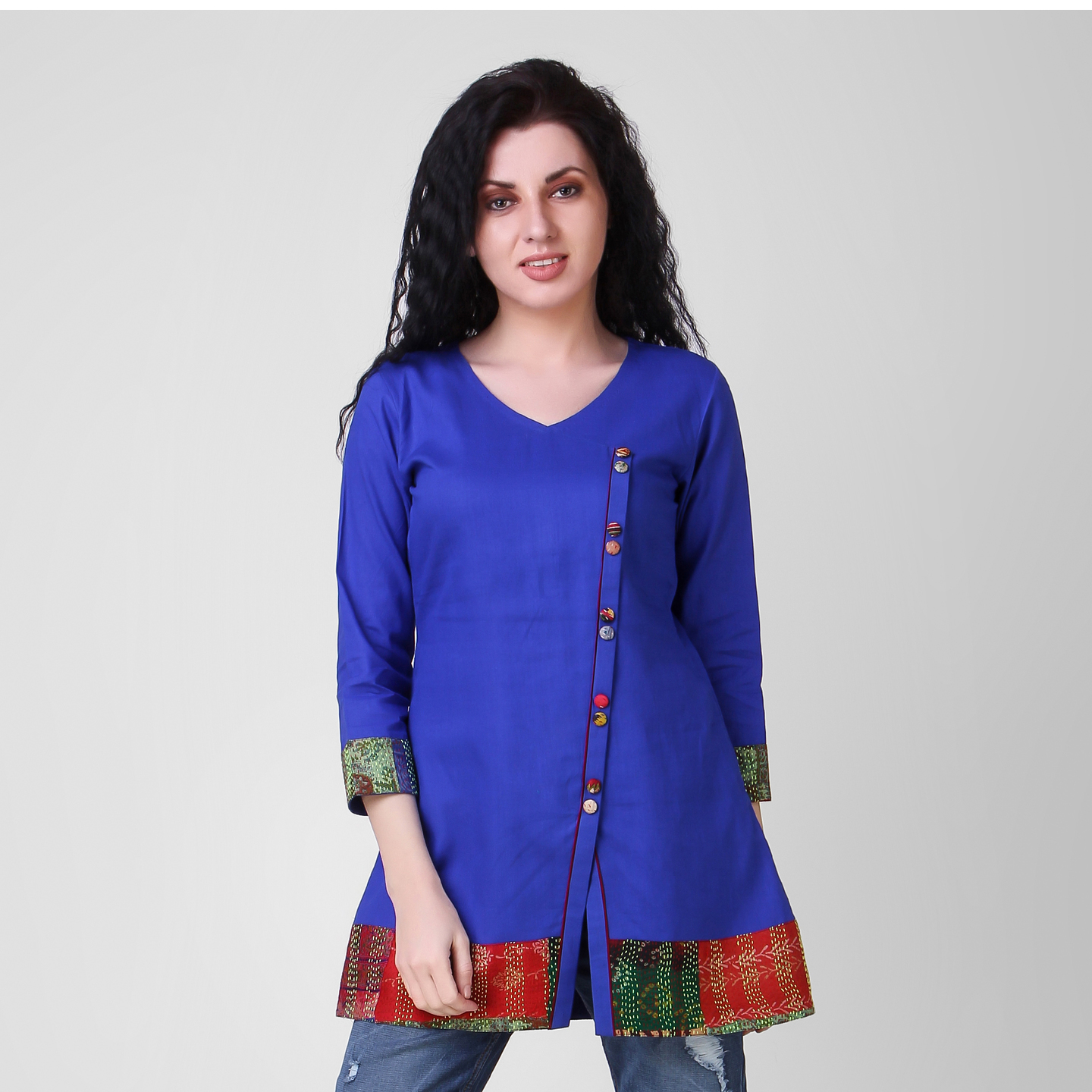 Blue Cotton-silk Top with Kantha Embroidery