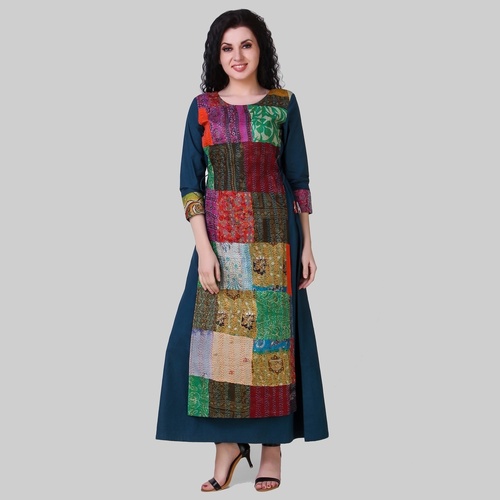 Teal Layered Cotton-silk Dress with Kantha Embroidery