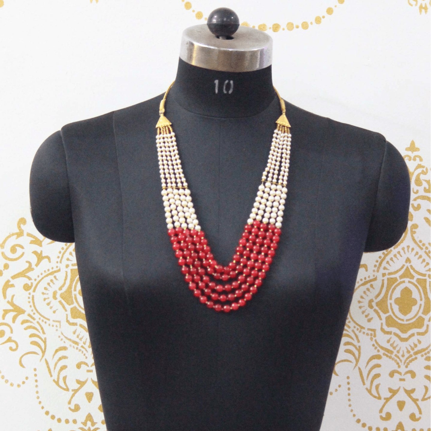 Red White Pearl & Beads String Necklace