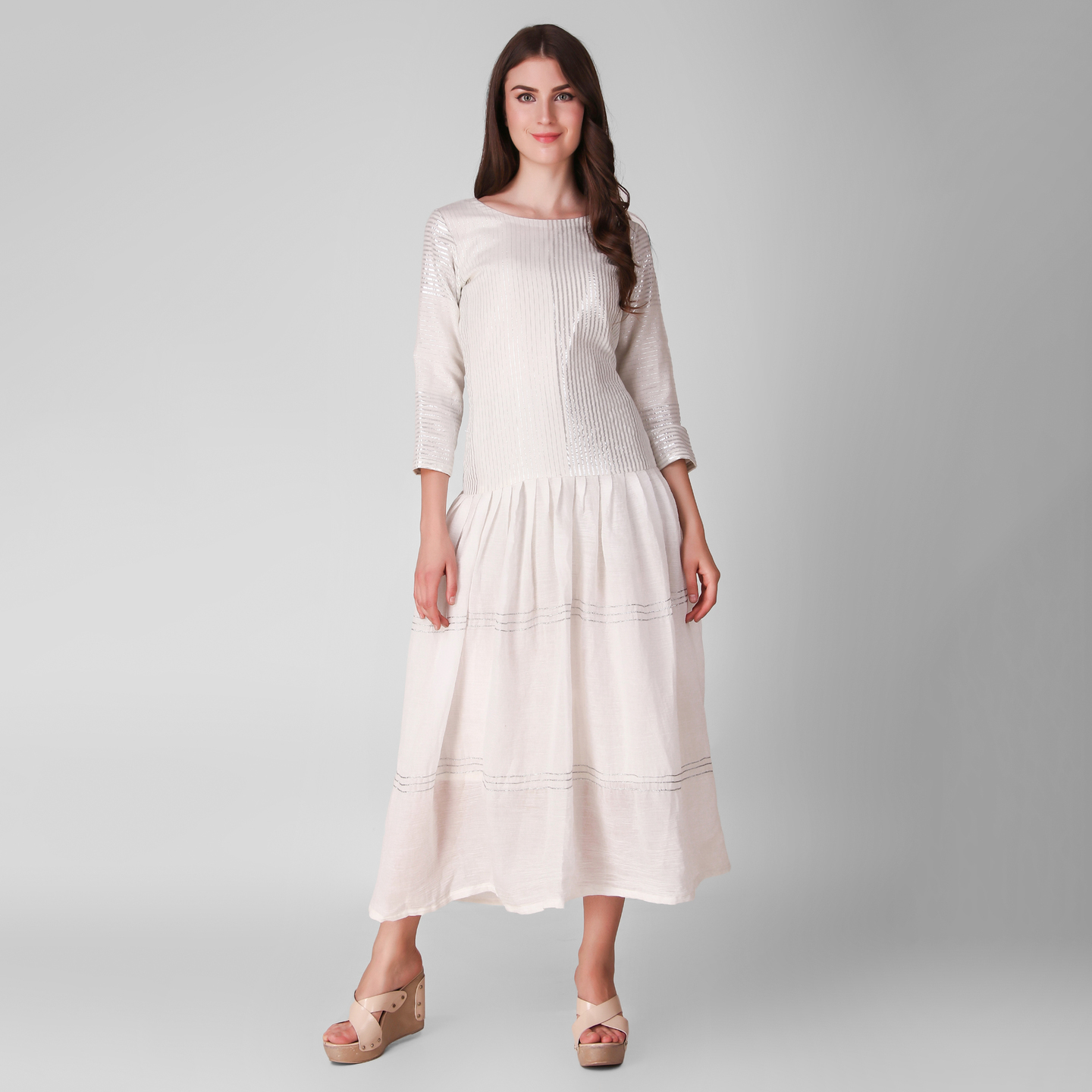 Ivory Gathered fine cotton woven metallic Dress