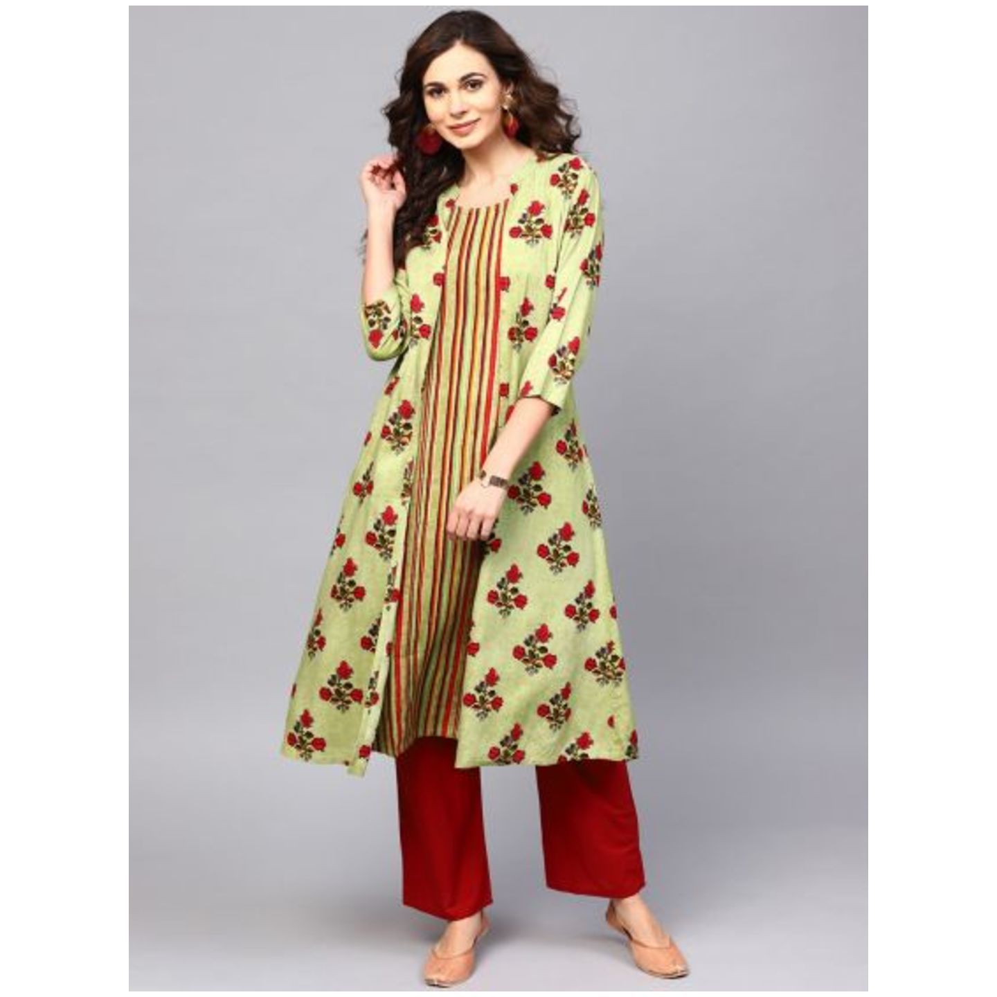Green Floral Printed Double Layered A-Line Kurta